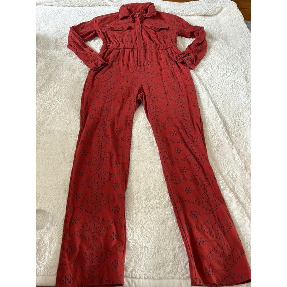 Free People Womens Collared Orange Jumpsuit Sz 0 Boho Utility Core Indie Casual - Picture 3 of 8